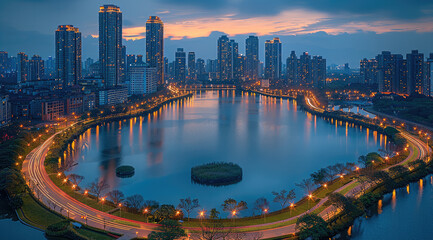 Fototapeta premium The city is located on the river, surrounded by high-rise buildings. The urban park has an oval-shaped circular road with lighting decorations at night. In background of it stand tall office building.