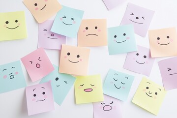 Fototapeta premium A collection of pastel-colored sticky notes,featuring a different expressive face, symbolizing a range of emotions and moods. Perfect for themes of creativity, communication, and emotional expression.
