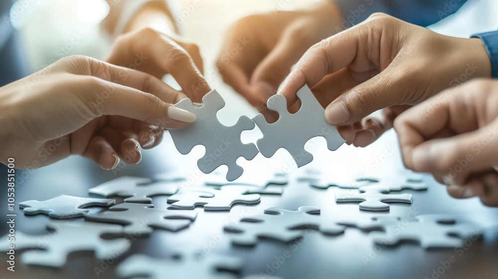 Poster Hands connecting puzzle pieces, symbolizing teamwork and collaboration.