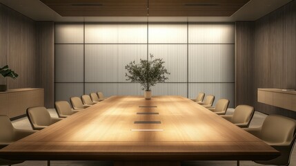 High-resolution photorealistic image of an empty boardroom with a large wooden table, sleek chairs, and minimalist decor The professional color grading and sharp 32k clarity highlight the modern,