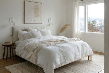 Fototapeta premium Minimal white bedroom featuring cozy elements and a serene feel