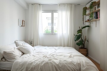Fototapeta premium Cozy white bedroom with a minimalist aesthetic and comfortable bed