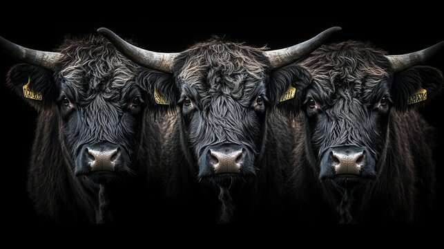Captivating portrait of majestic Highland Cattle, their piercing eyes gazing directly at the lens. 