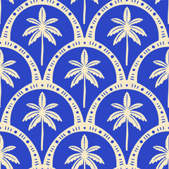 Fototapeta premium Hand drawn palm tree doodle seamless pattern illustration. Blue hawaiian print, summer vacation background in vintage art style. Tropical plant painting wallpaper texture.