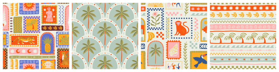 Retro hand drawn tropical summer seamless pattern set. Traditional patchwork style background illustration. Vintage exotic nature textile print collection. Jungle animal texture with tiger, palm tree.