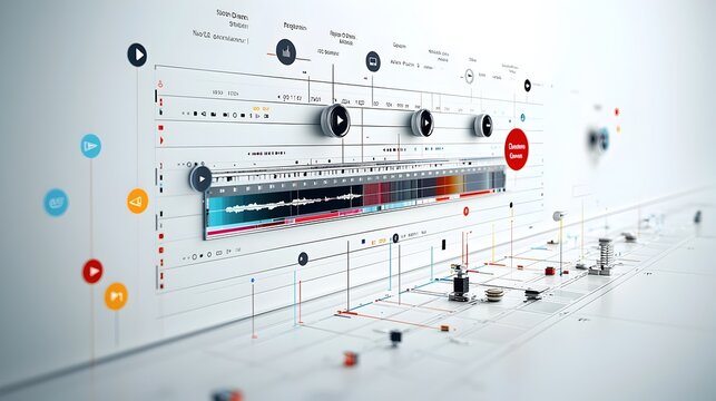 Elegant timeline showcasing the stages of video editing from transitions and color grading to create a streamlined post production workflow  This clean minimalist design is perfect for media