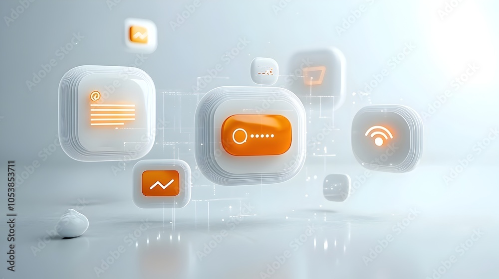 Poster Futuristic Glossy 3D Chat Bubbles with Soft Glow Floating Over Clean White Background Symbolizing Digital Communication and Technology