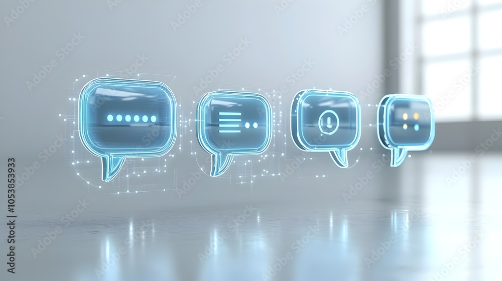 Aufkleber glossy futuristic 3d speech bubbles with glowing outlines and ellipsis set against a sleek white bac