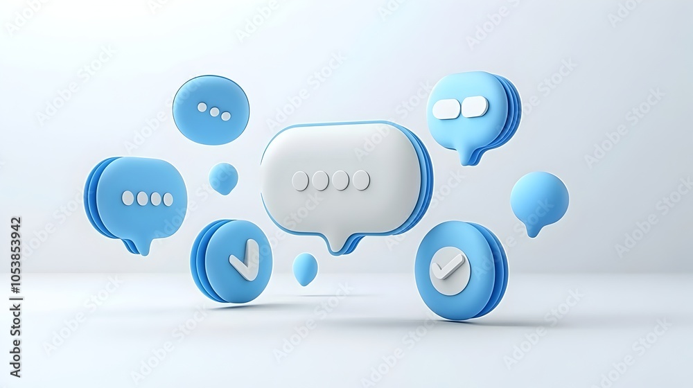 Fototapete floating 3d speech bubbles with soft glowing effects glossy textures and ellipsis on a minimal white
