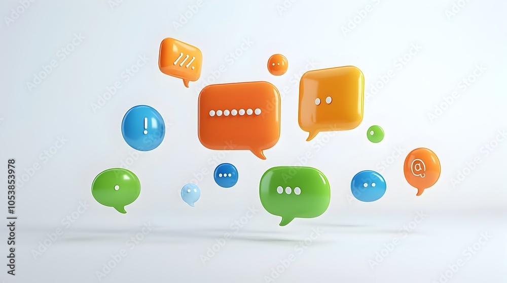 Aufkleber Captivating 3D speech bubbles with a soft glowing effect glossy textures and ellipsis against a clean minimalist white background perfect for communication themed designs presentations