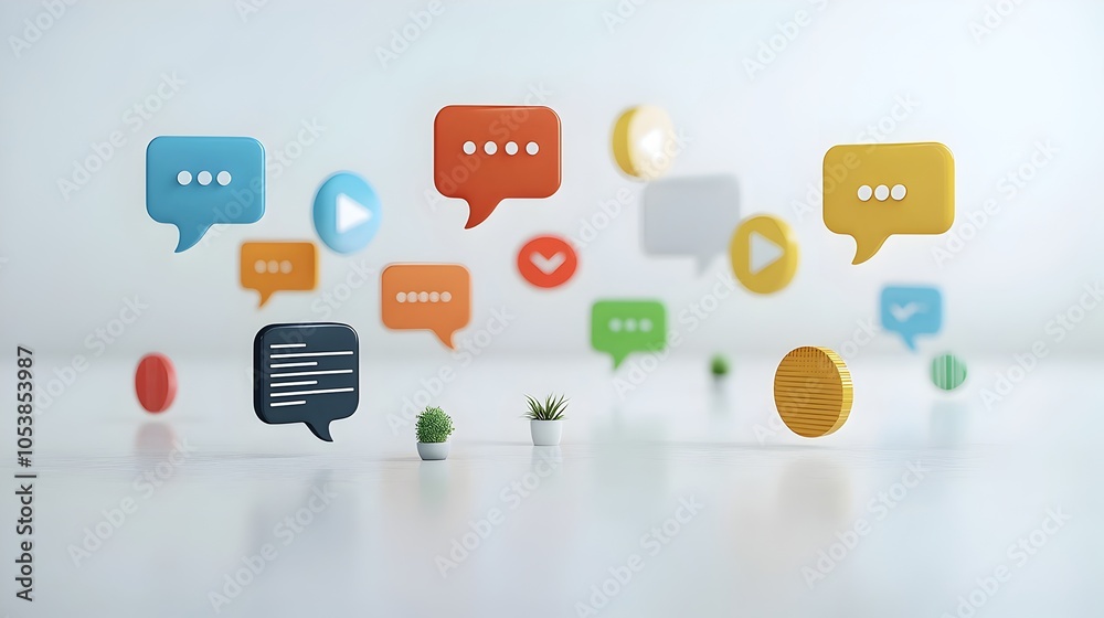 Aufkleber Elegant Floating 3D Speech Bubbles with Soft Glowing Effects Glossy Textures and Ellipsis on a Clean Minimal White Background Perfect for Communication Dialogue and Messaging Concepts