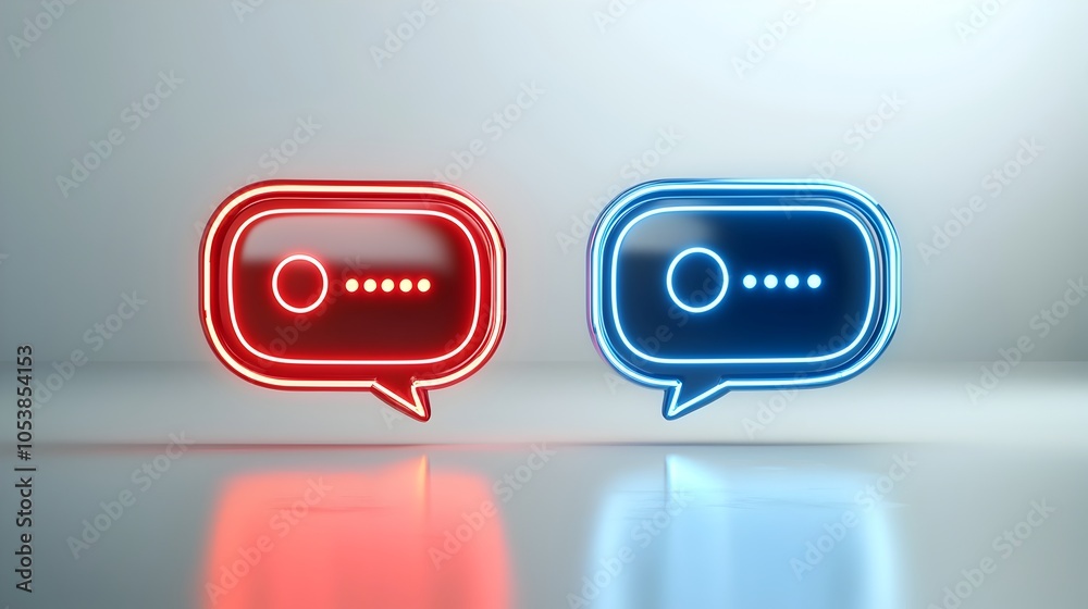 Leinwandbilder Neon Lit 3D Chat Bubbles with Glossy Reflections and Ellipsis Hovering Over a White Background Representing Futuristic Communication