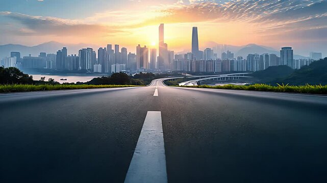 Panoramic city skyline and buildings with empty asphalt road at sunset. Created with Generative AI.