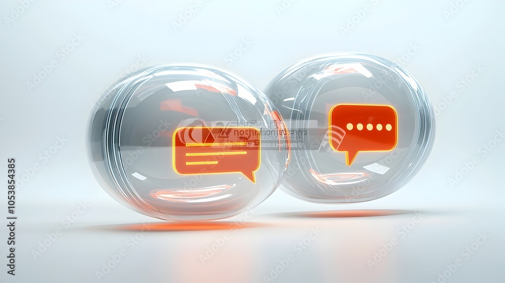 Aufkleber Shiny 3D chat bubbles with a glowing effect smooth surfaces and ellipsis suspended in a white background symbolizing dynamic conversation and communication