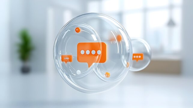 Shiny 3D chat bubbles with a glowing effect smooth surfaces and ellipsis suspended in a white background symbolizing dynamic conversation and digital communication