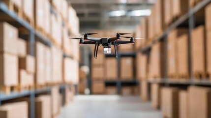 Smart warehouse with drones scanning barcodes, advanced logistics setup