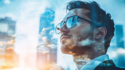 Double exposure Businessman sets clear goals and objectives to drive business strategy.