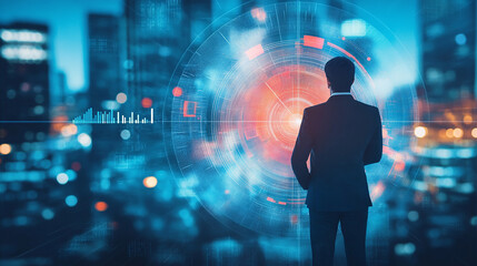 Fototapeta premium Double exposure Businessman sets clear goals and objectives to drive business strategy.
