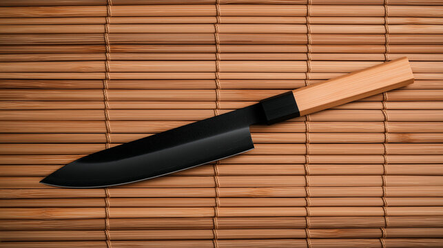 Chinese knife on a bamboo mat, authentic kitchen style, detailed wood textures, clean blade