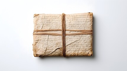 Fototapeta premium Weathered and crinkled parchment with faint ghostly text set against a clean minimalist white background capturing the essence of forgotten literary treasures from the past