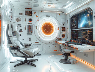 a modern and luxurious spacecraft interior with a white color scheme and glowing lighting.