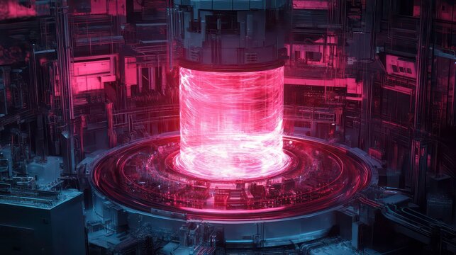 A futuristic energy reactor emitting vibrant light in a high-tech industrial setting.
