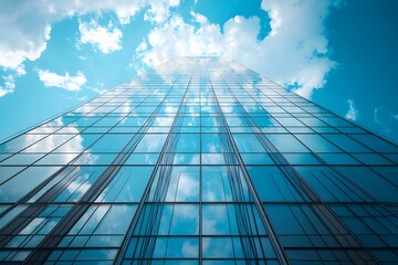 Fototapeta premium Modern glass skyscraper reflecting clouds against a blue sky