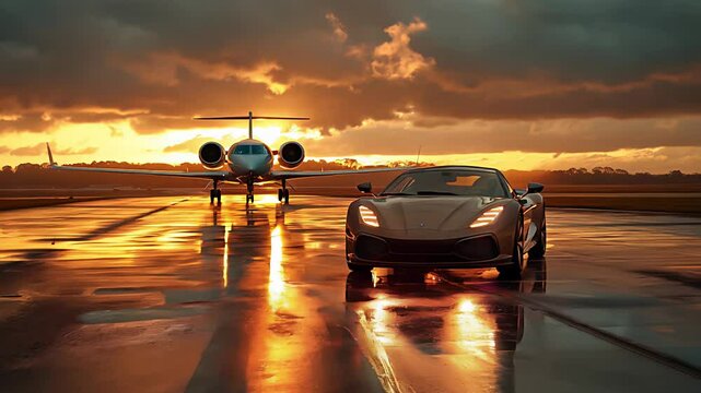 Super car and private jet on landing strip. Business class service at the airport. Created with Generative AI.	
