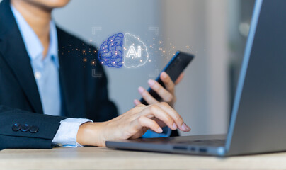 Fototapeta premium businessman,using laptops and phones,digital touch screen, hemispherical brain icon,representing development,AI,innovation,future,of technology,intelligent network,advancement artificial intelligence.