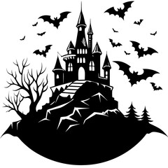 Castle Silhouette on Hill with Bats | White Background