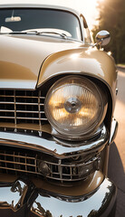 Close-up of a classic vintage car front grille and headlight, bathed in soft golden hour lighting, capturing a timeless aesthetic.
