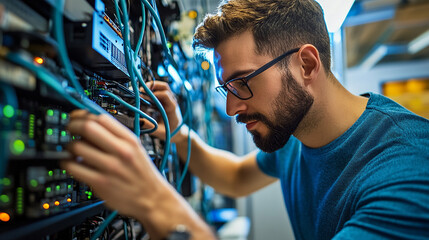 IT specialist troubleshooting network issues in a busy office environment.