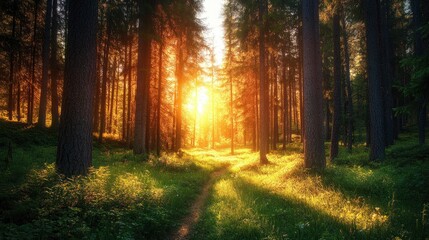 Fototapeta premium Sunbeams Illuminating a Forest Path