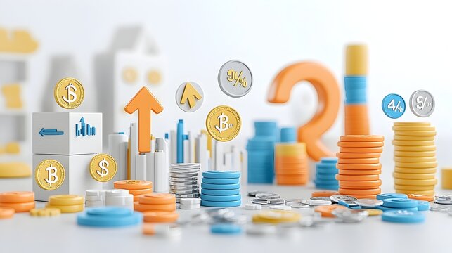 Vibrant and playful plasticine 3D depicting economic shifts price increase and decrease using percent icons arrows and coins in a colorful and abstract style to represent financial concepts commerce