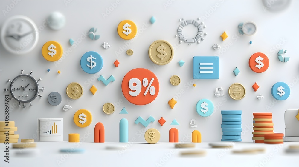 Poster set of 3d icons in plasticine style with percent signs coins and directional arrows representing fin