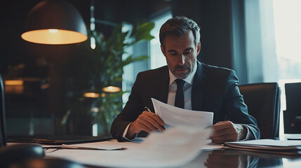 Fototapeta premium Lawyer reviewing legal documents and contracts in a corporate law office.