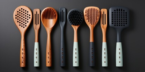 A Collection of Wooden and Black Kitchen Utensils with Pale Green Handles on a Dark Background