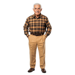Obraz premium Caucasian elderly man with joyful expression wearing checkered shirt and beige trousers isolated on transparent background