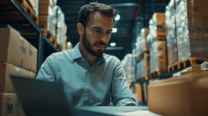 Obraz premium Logistics manager coordinating shipments and deliveries using advanced software systems.