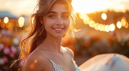A beautiful 18-year-old girl arriving at a summer ball, wearing a flowing light dress, with a soft smile and an air of excitement, the backdrop of a charming outdoor venue decorated with string light.