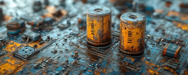 Batteries leaking chemicals onto a cracked circuit board, the closeup focus highlighting the textures of corrosion and decay, photorealistic, muted industrial tones