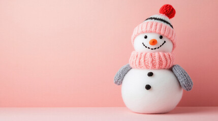 A snowman with a pink hat and scarf is standing on a pink background. The snowman has a happy expression on its face