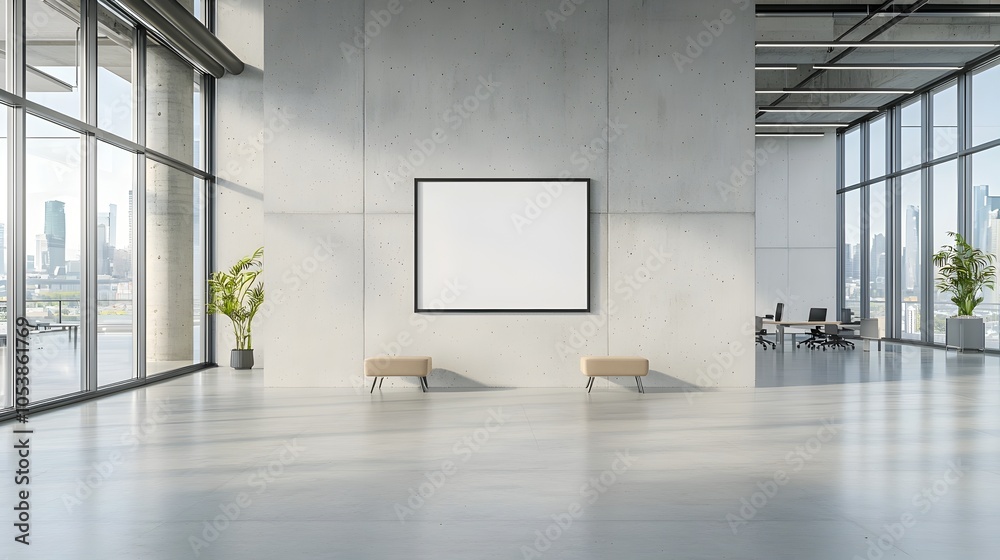 Poster minimalist office interior with textured concrete wall and empty frame bathed in natural light repre