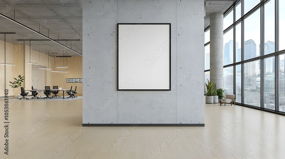 Poster minimalist concrete wall in a modern office setting featuring a sleek poster frame illuminated by so