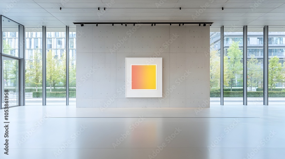 Poster Bright and Airy Concrete Wall with Large Windows Providing a Minimalist Empty Frame Backdrop for Showcasing Elegant Advertisements or Artwork