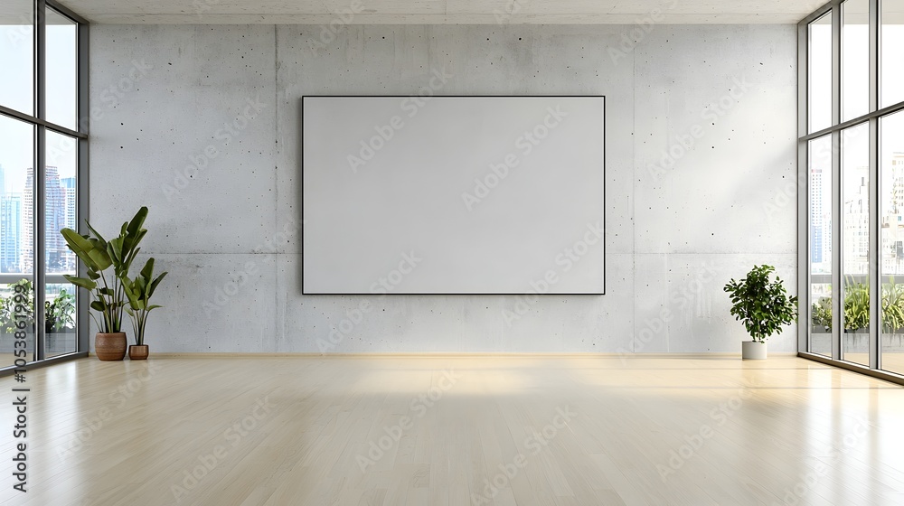 Poster Minimalist and Modern Empty Frame Set Against a Concrete Wall with Bright Natural Light Pouring in from Expansive Windows Offering a Clean and Elegant Display Space for Advertisements Branding