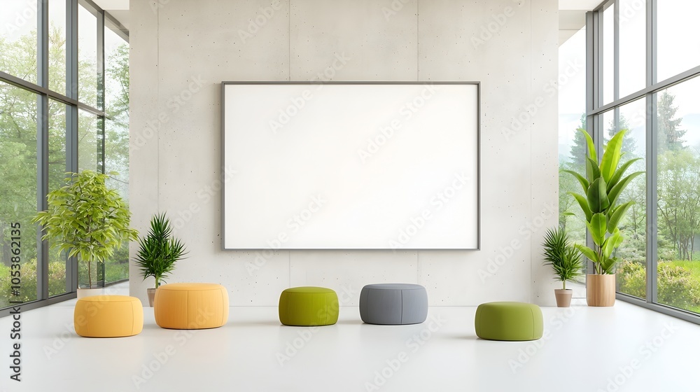 Poster bright and airy office space with a modern concrete wall and an empty frame perfectly illuminated by