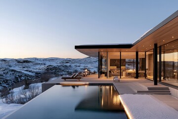 Fototapeta premium An exquisite retreat set amidst a snowy landscape with panoramic views, featuring elegant architecture and a sleek infinity pool capturing a sense of ultimate luxury.