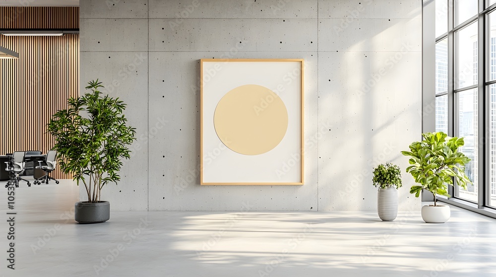Poster empty poster frame mounted on a stylish concrete wall in a modern office setting bathed in natural w