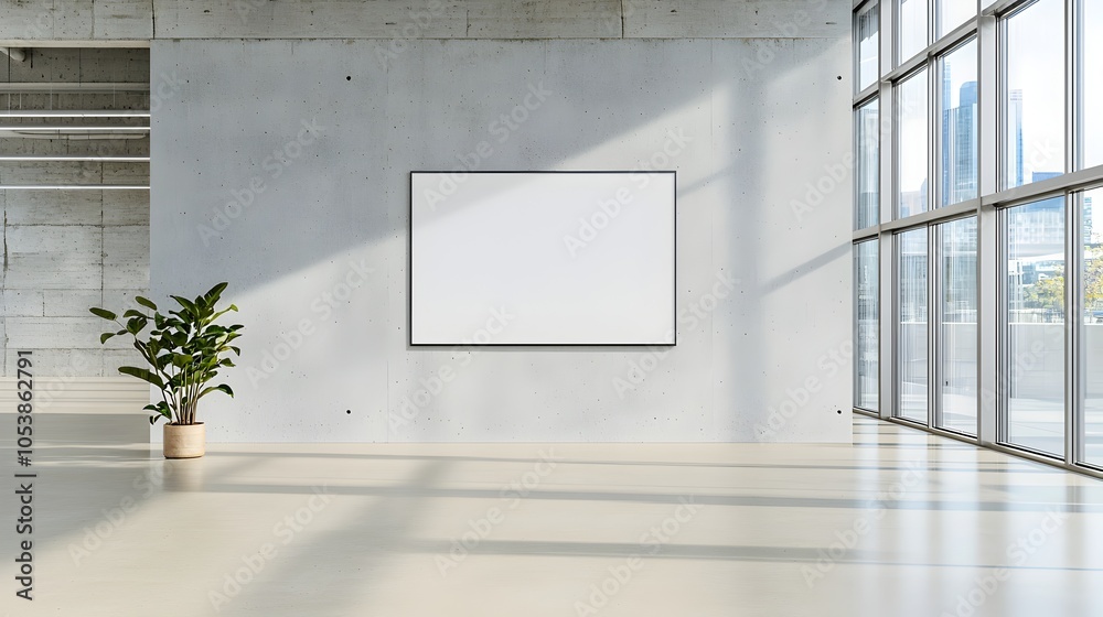 Poster empty poster frame displayed against a minimalist concrete wall in a modern office setting with natu
